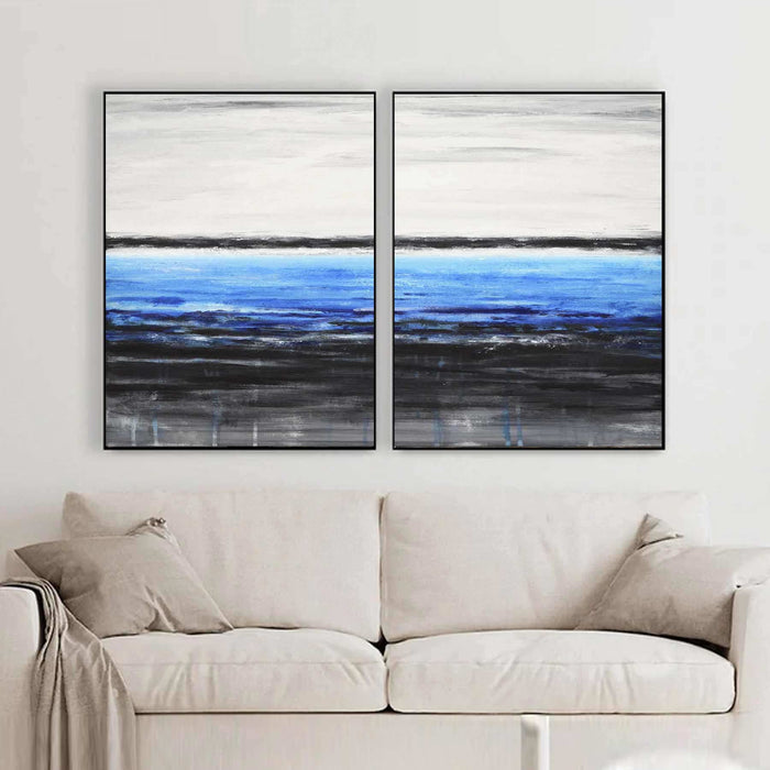 Diptych Painting Blue White Black Art On Canvas Seascape Ocean above couch