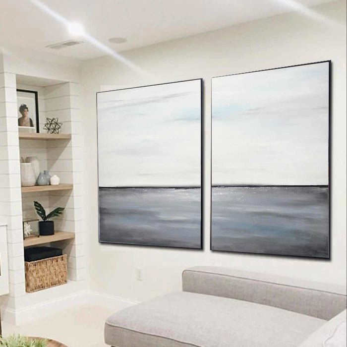 Diptych Art On Canvas Gray White Seascape Paintings Dining Room