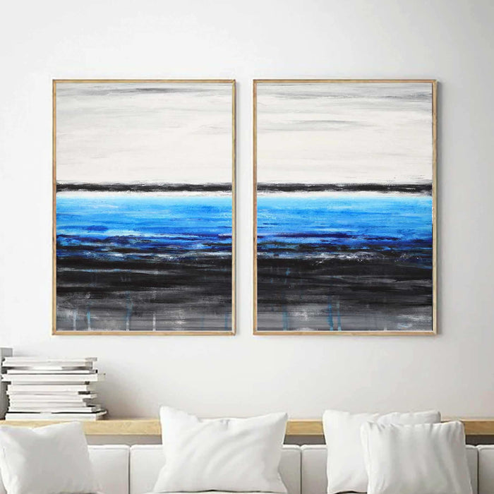 Diptych Painting Blue White Black Art On Canvas Seascape Ocean