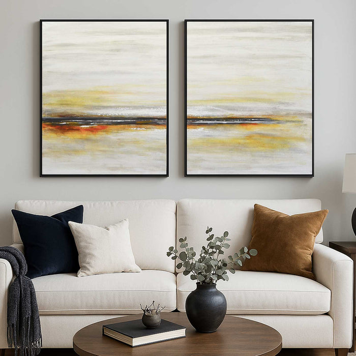 Set Of Two Minimal Paintings Beach Scene Landscape Beige above couch