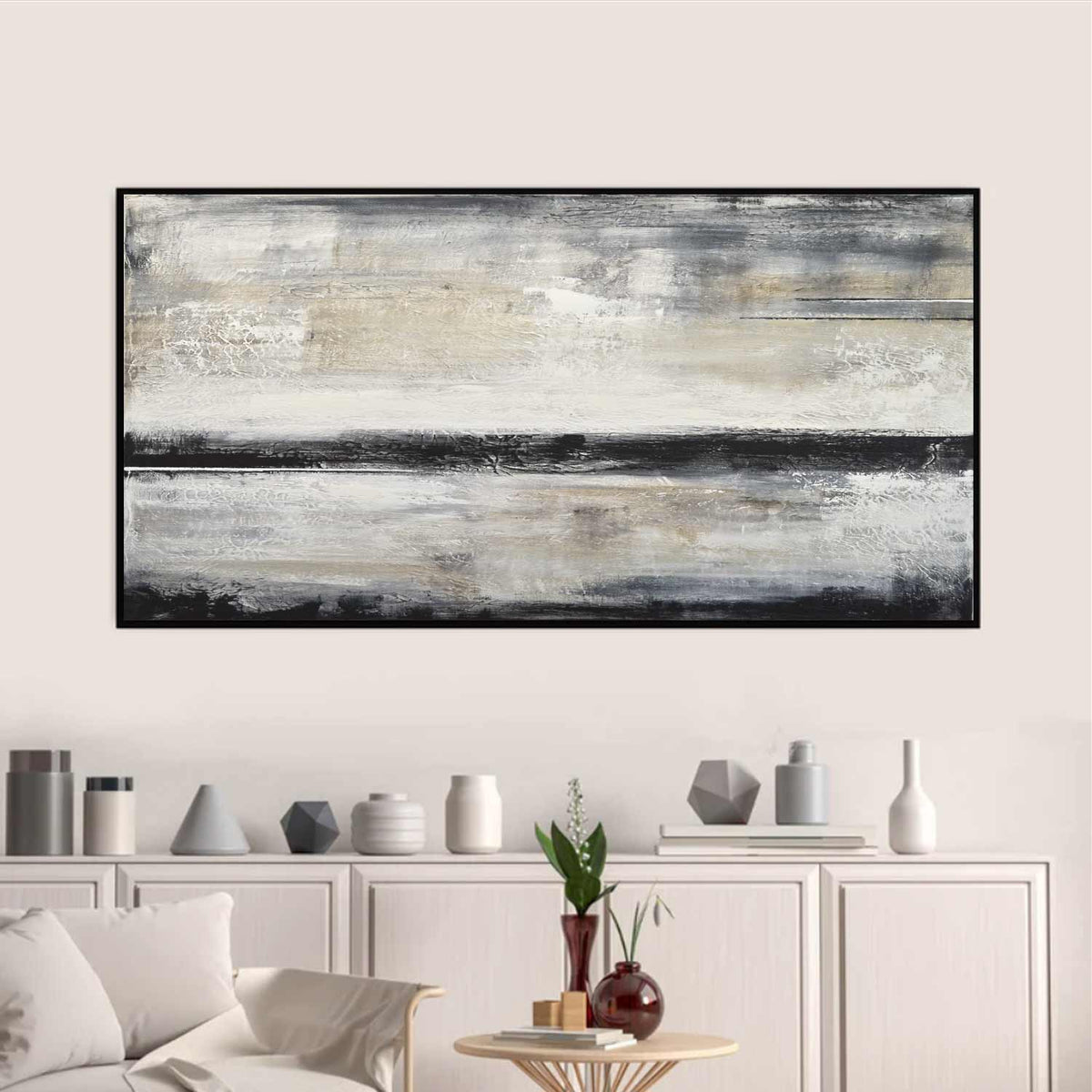 Beige Black Abstract Artwork Panoramic Painting Contemporary Oil