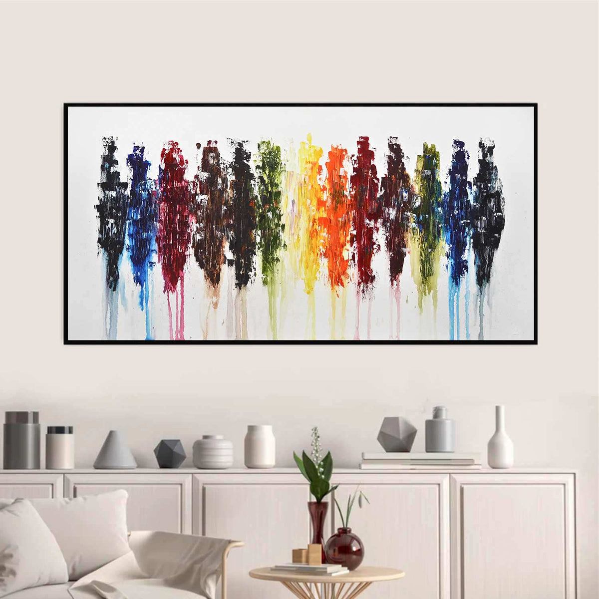 wide Multi Color Painting Long Art On Wall Yellow Red Green Blue On Canvas
