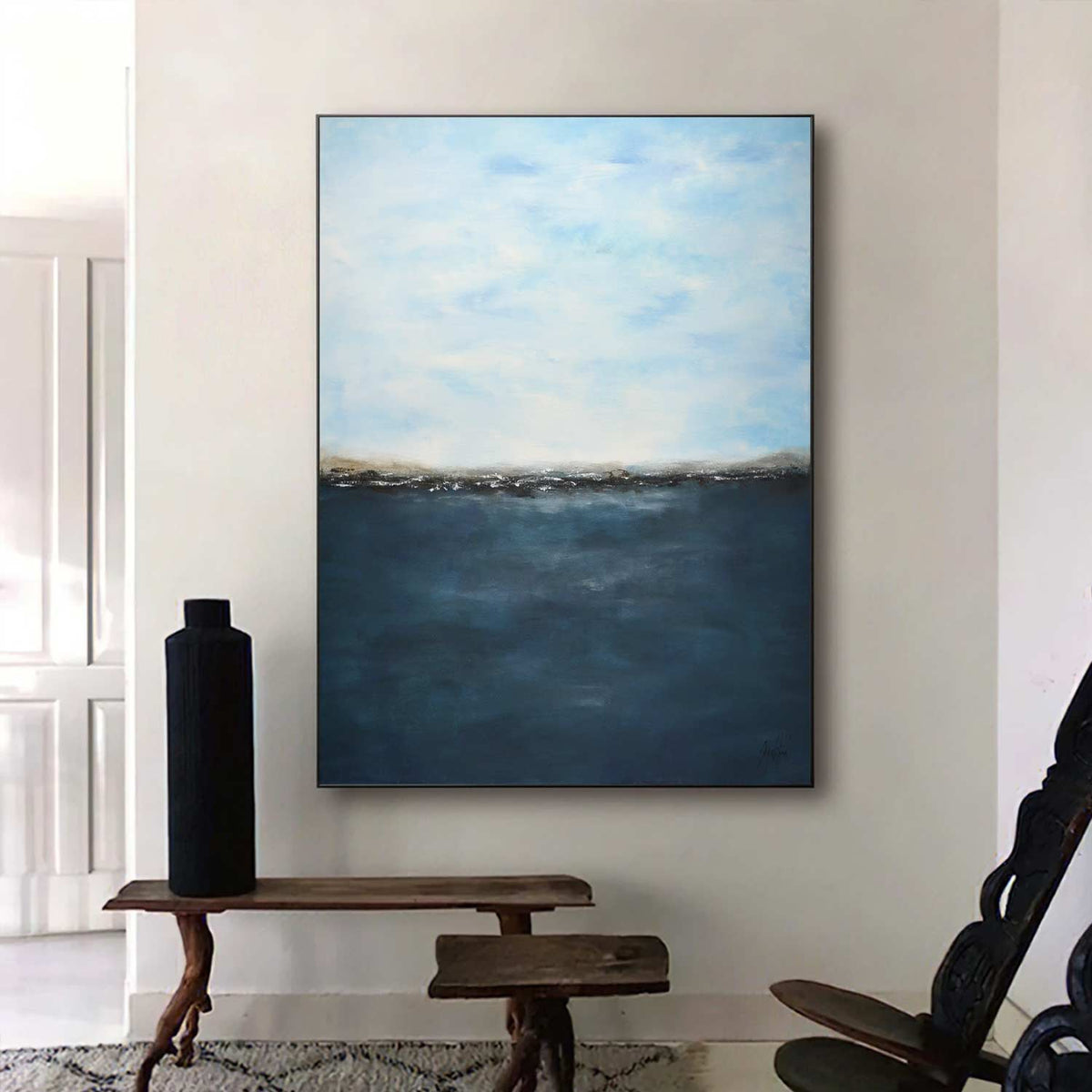 vertical Deep Blue Abstract Seascape Painting Framed Art Original Artwork