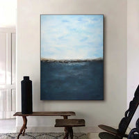 vertical Deep Blue Abstract Seascape Painting Framed Art Original Artwork