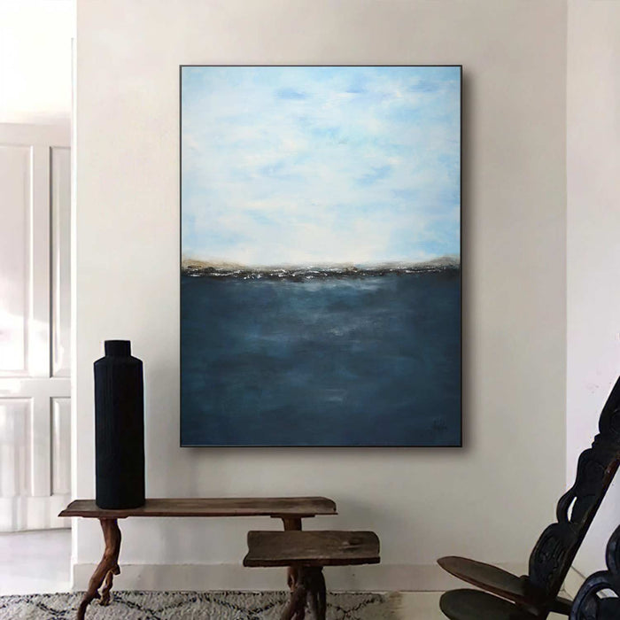 vertical Deep Blue Abstract Seascape Painting Framed Art Original Artwork