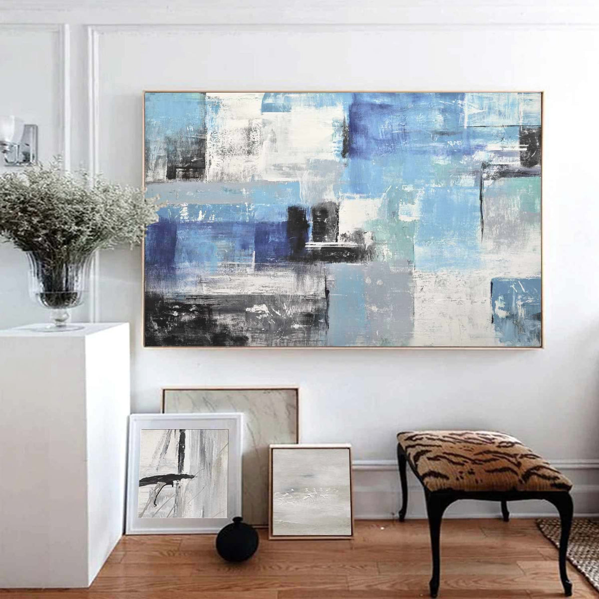 large Textured Blue White Abstract Paintings Geometric