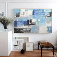 large Textured Blue White Abstract Paintings Geometric