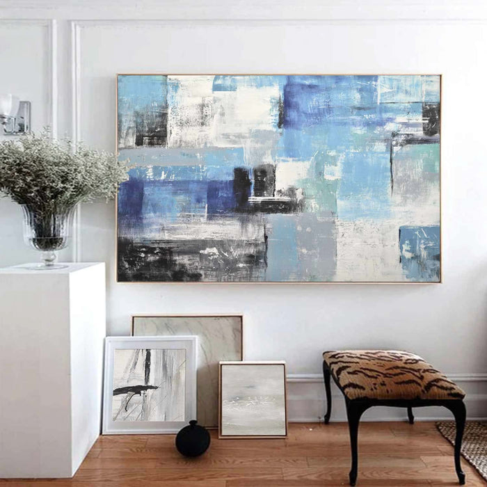 large Textured Blue White Abstract Paintings Geometric