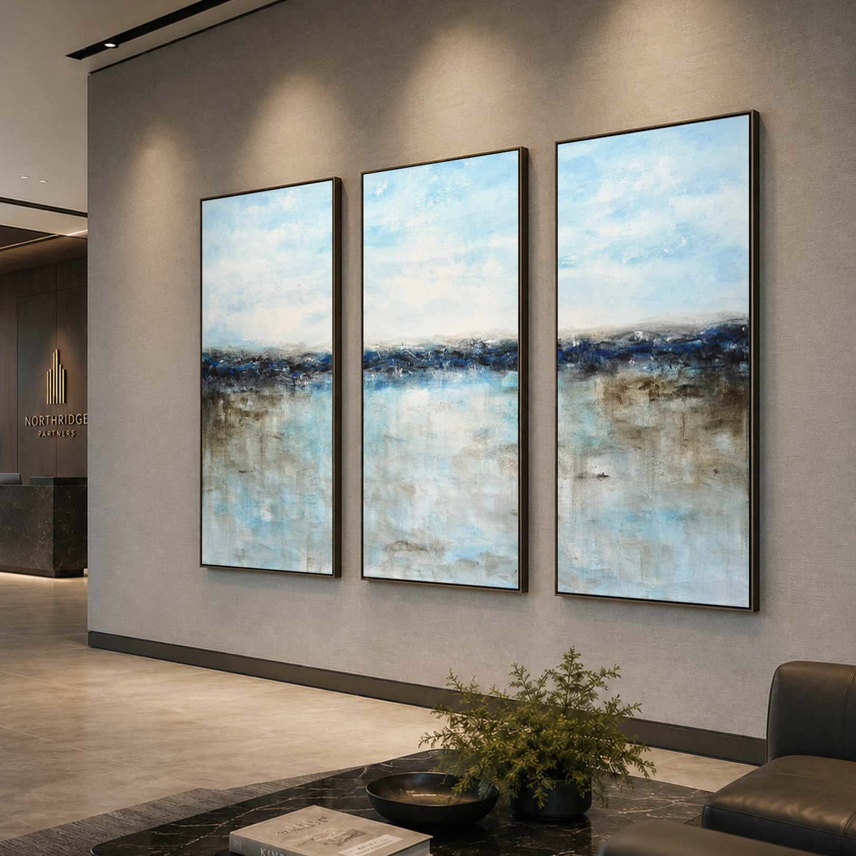 Blue Seascape Paintings Triptych 3 Panel Oil Art For Office  Reception
