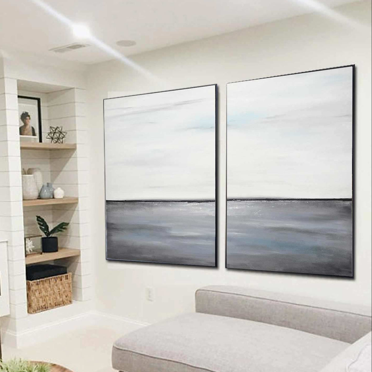 Diptych Art On Canvas Gray White Seascape Paintings Dining Room