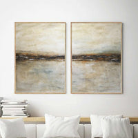 Diptych Landscape Paintings On Canvas Brown Horizon Line Over Couch