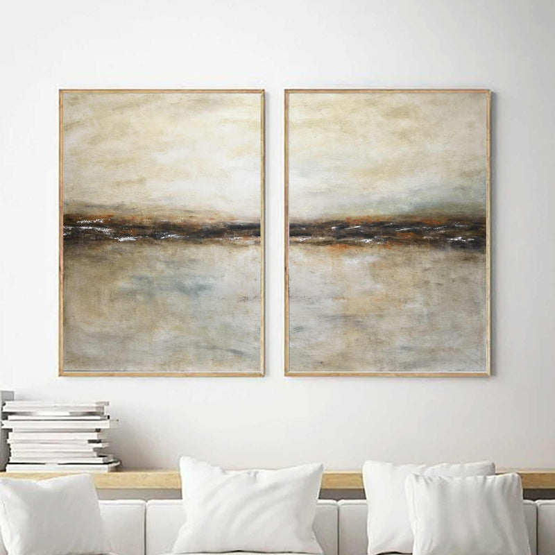 Diptych Landscape Paintings On Canvas Brown Horizon Line Over Couch