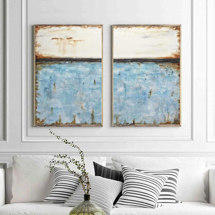 Diptych Painting Blue White Brown Art For Office Large Wall Art