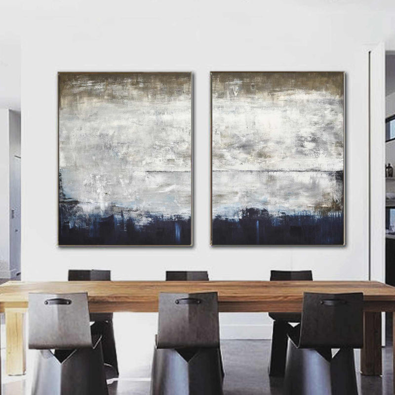 Double Piece Framed Modern Abstracts Blue Brown Painting On Canvas