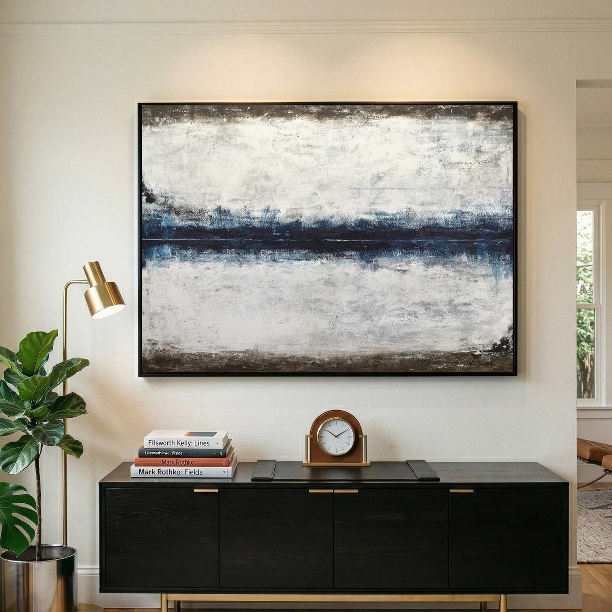 Handmade Art On Canvas Blue Brown Line 