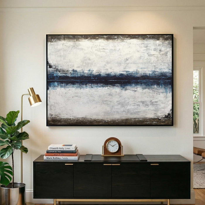 Handmade Art On Canvas Blue Brown Line 