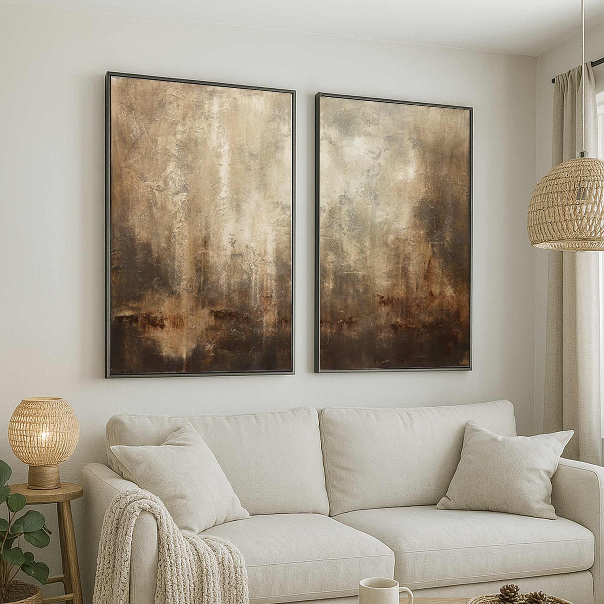 Large Art Brown Abstracts 2 Panels Original Textured Paintings