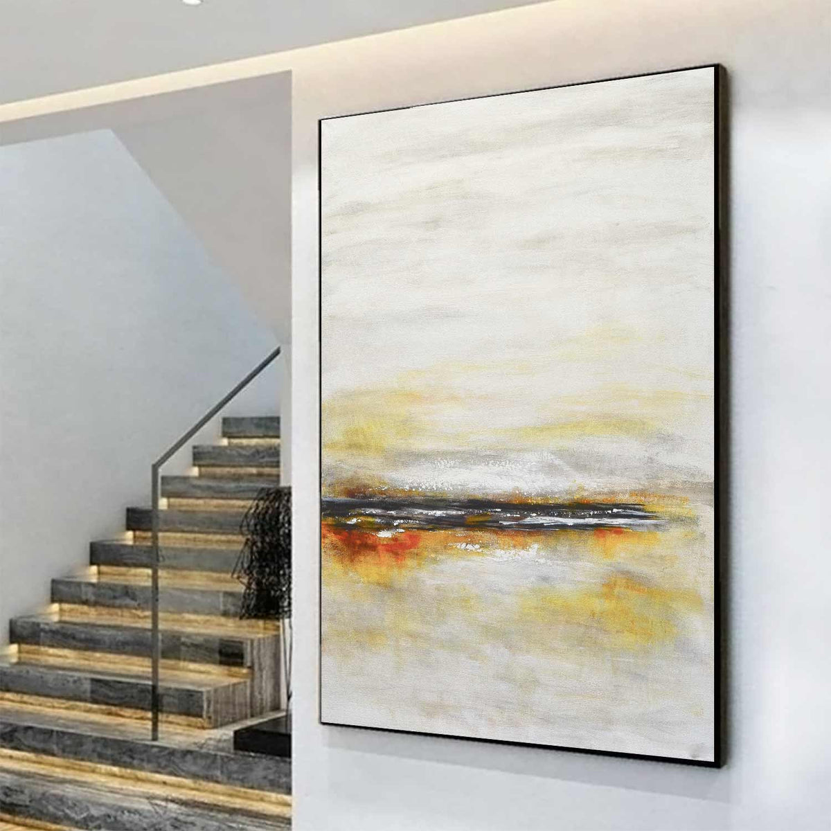 Minimalist Light Painting On Canvas Yellow Beige Art Interior Design