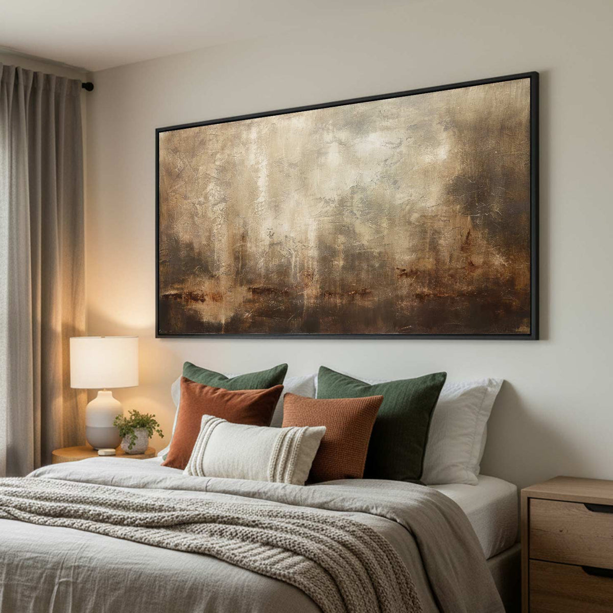 Panoramic Painting Above Bed Calming Brown Art Large Framed Art
