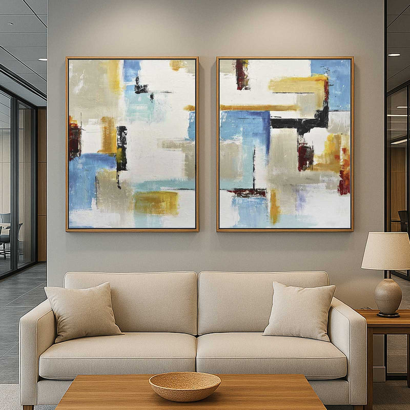 Set Of 2 Abstract Paintings Extra Large Wall Art Shapes Geometric