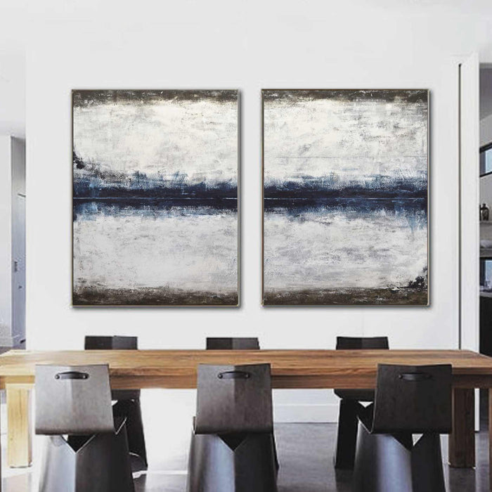 Set Of 2 Blue Paintings Very Large Abstracts Diptych Framed
