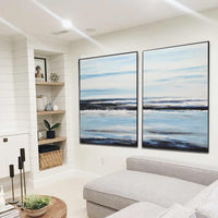 Set Of 2 Paintings Modern Minimalist Blue White Seascapes Diptych