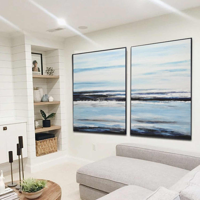 Set Of 2 Paintings Modern Minimalist Blue White Seascapes Diptych