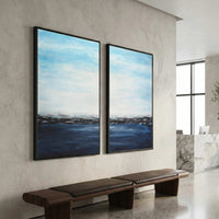 Set of 2 Blue Coastal Ocean Paintings For Office Reception Wall Art