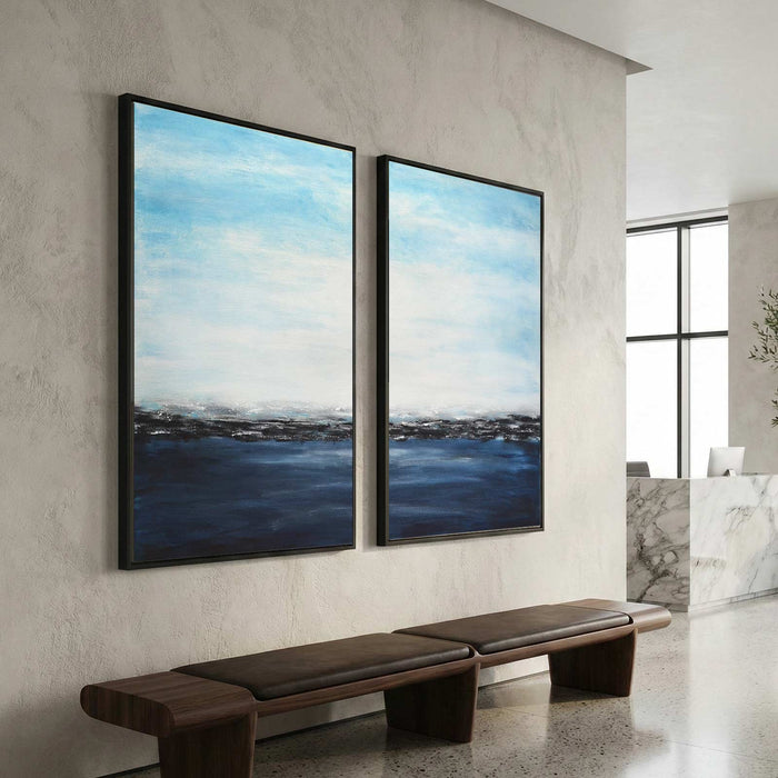 Set of 2 Blue Coastal Ocean Paintings For Office Reception Wall Art
