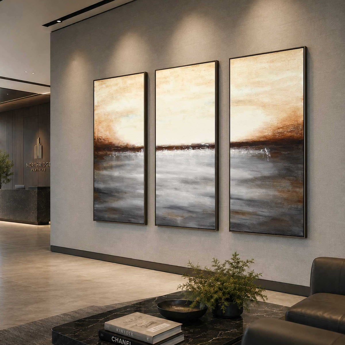 Set of 3 Paintings For Office Conference Room Landscape Brown Art