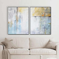 Set of Two Blue White Abstract Diptych Paintings For Living Room