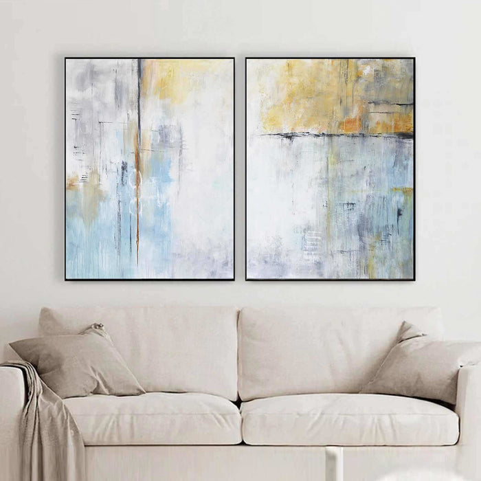 Set of Two Blue White Abstract Diptych Paintings For Living Room