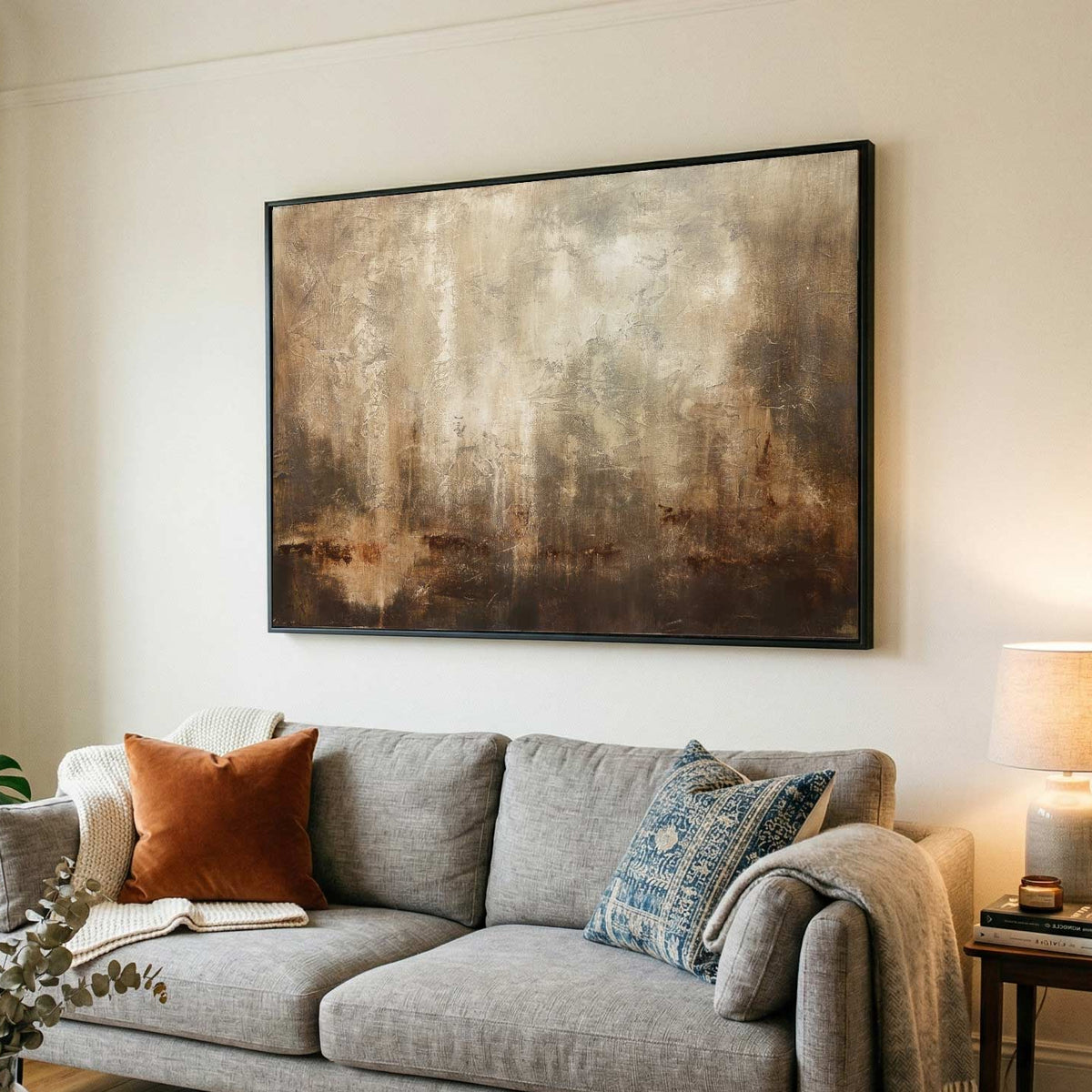 Textured Painting Neutral Colors Framed Artwork Rustic Design