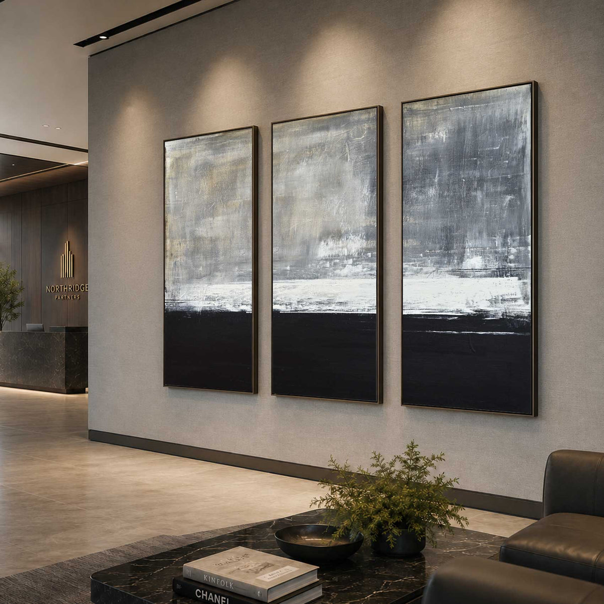 Triptych Framed Art for Large Walls Black White Hand Painted