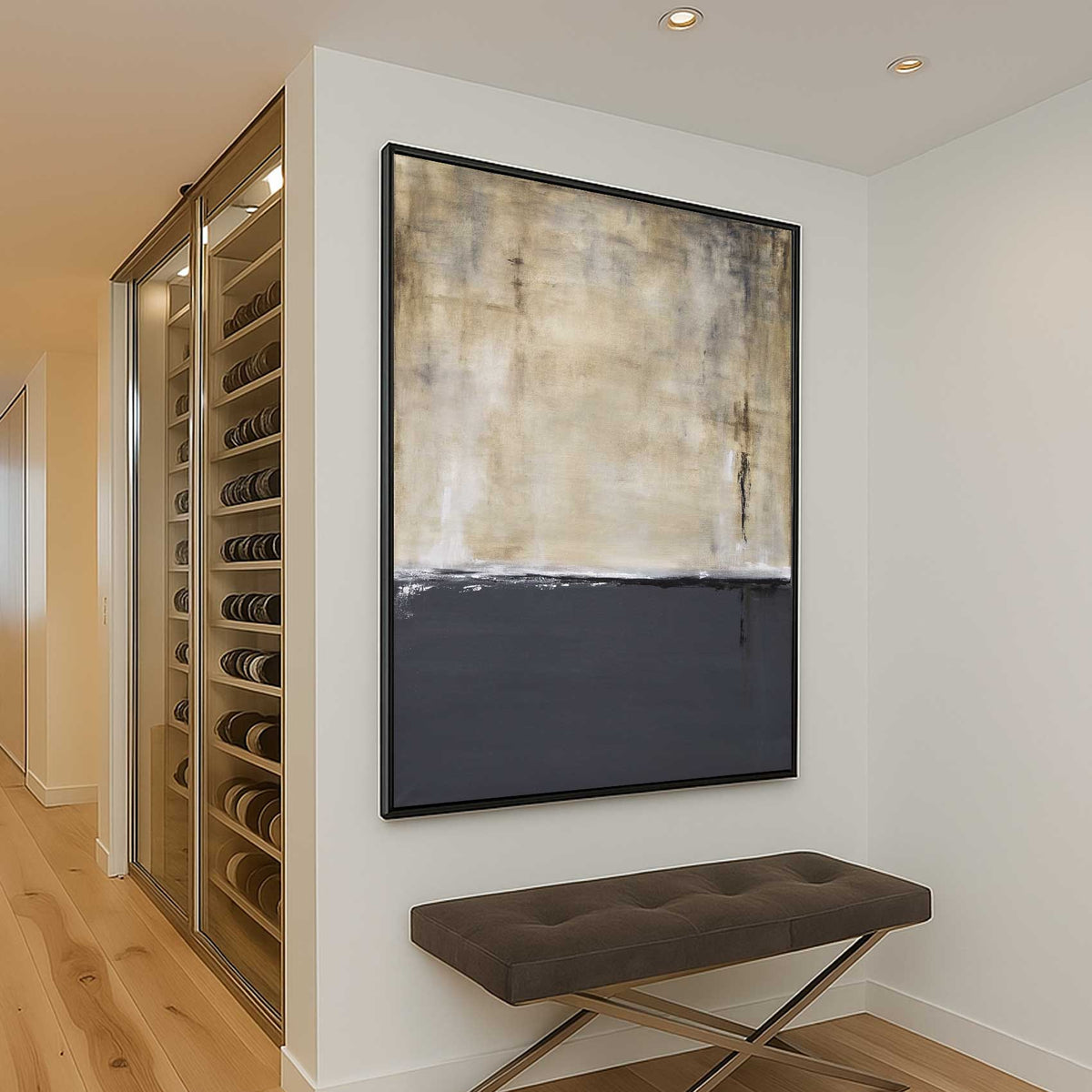 Gray Beige Vertical Contemporary Wabi Sabi Painting Framed Artwork
