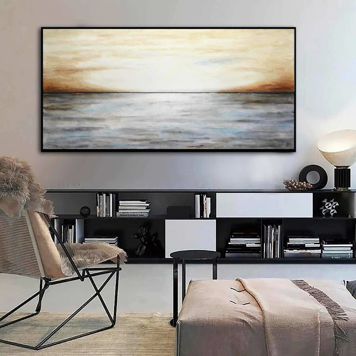Original Landscape Wide Painting Brown Gray For Dining Room