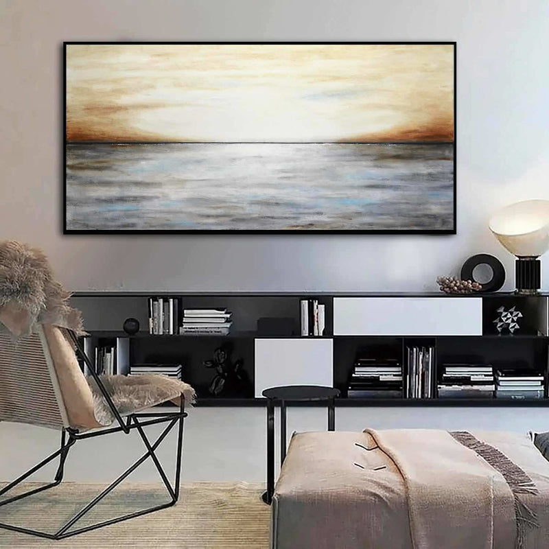 Original Landscape Wide Painting Brown Gray For Dining Room