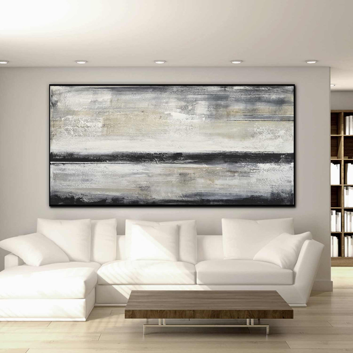 Beige Black Abstract Artwork above couch Panoramic Painting Contemporary Oil