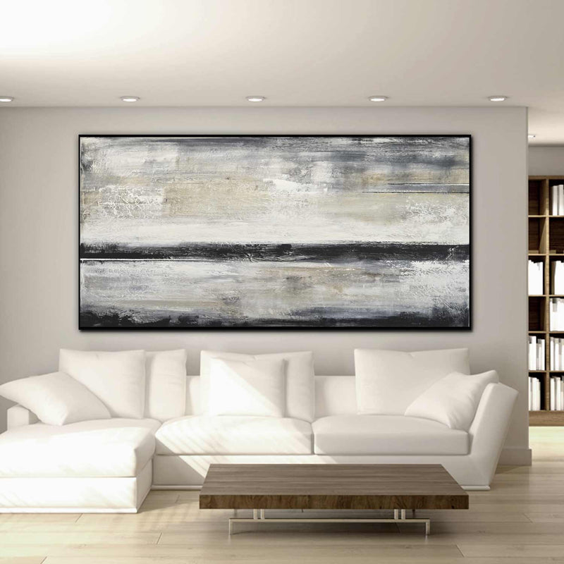 Beige Black Abstract Artwork above couch Panoramic Painting Contemporary Oil