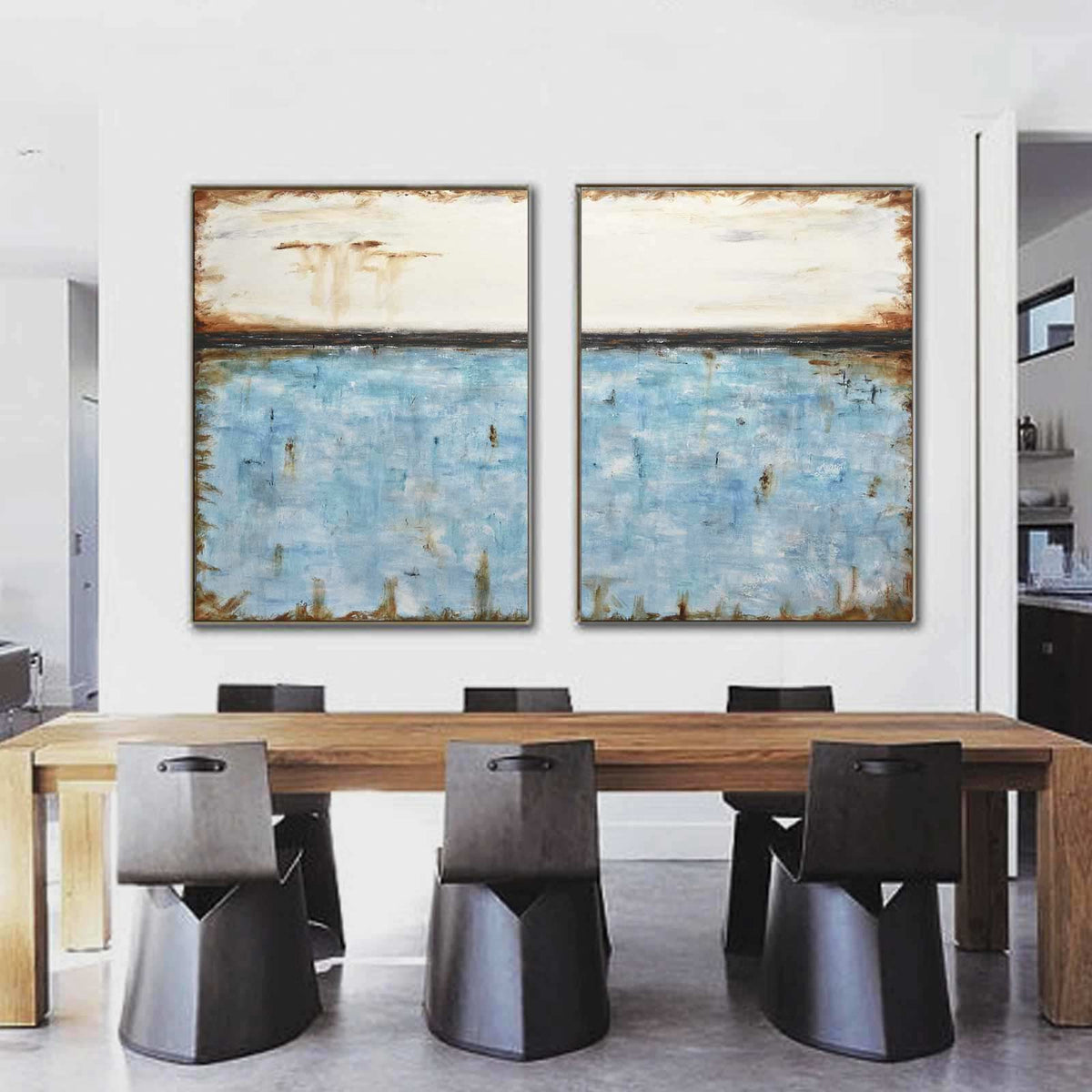 Diptych Painting Blue White Brown Art For Office Large Wall Art dining room