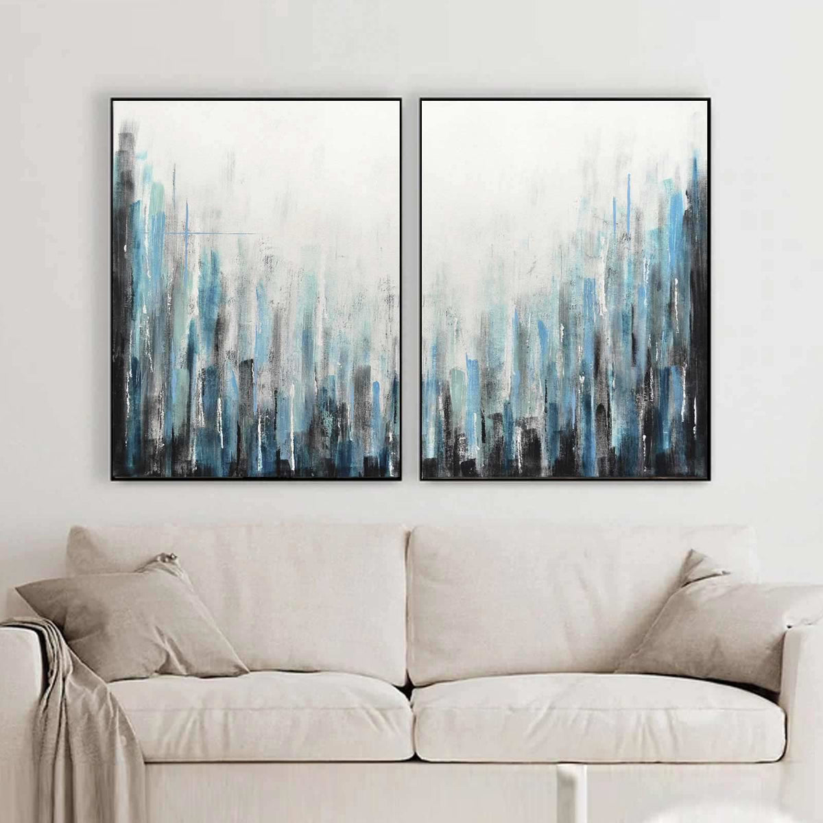 Diptych Paintings Blue White Line Art Geometric Wall Art Two Panels above couch