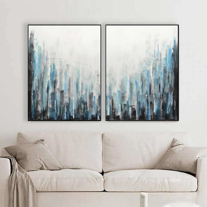 Diptych Paintings Blue White Line Art Geometric Wall Art Two Panels above couch