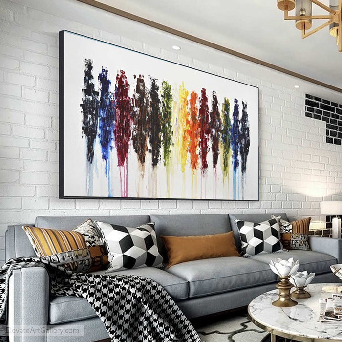 Multi Color Painting Long Art On Wall Yellow Red Green Blue On Canvas above couch
