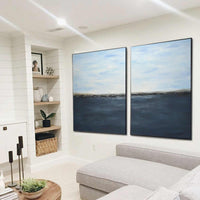 Deep Blue Seascape Art Two Panel Contemporary Abstract above couch