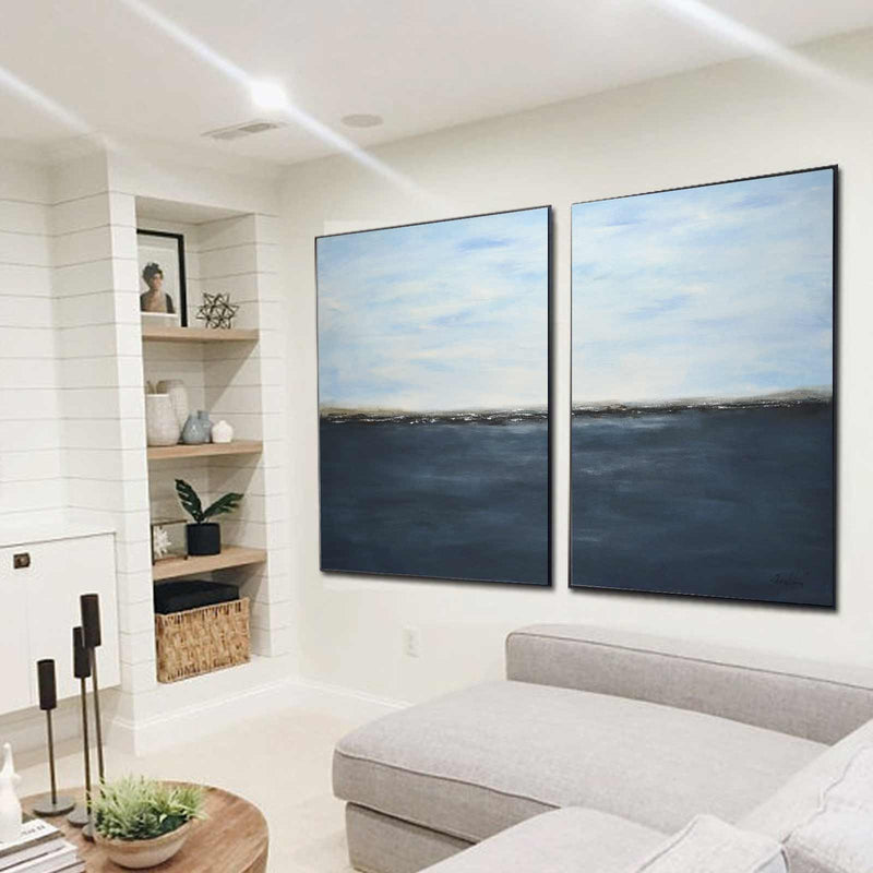 Deep Blue Seascape Art Two Panel Contemporary Abstract above couch
