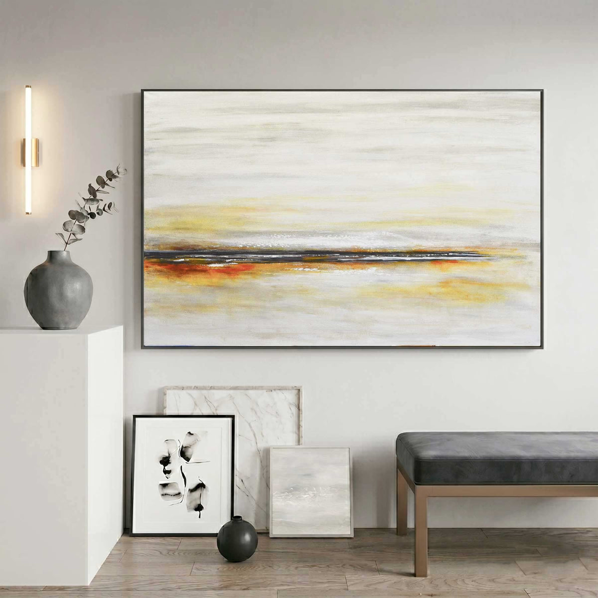 yellow Light Minimal Beige Landscape Painting For Bedroom Calming Art