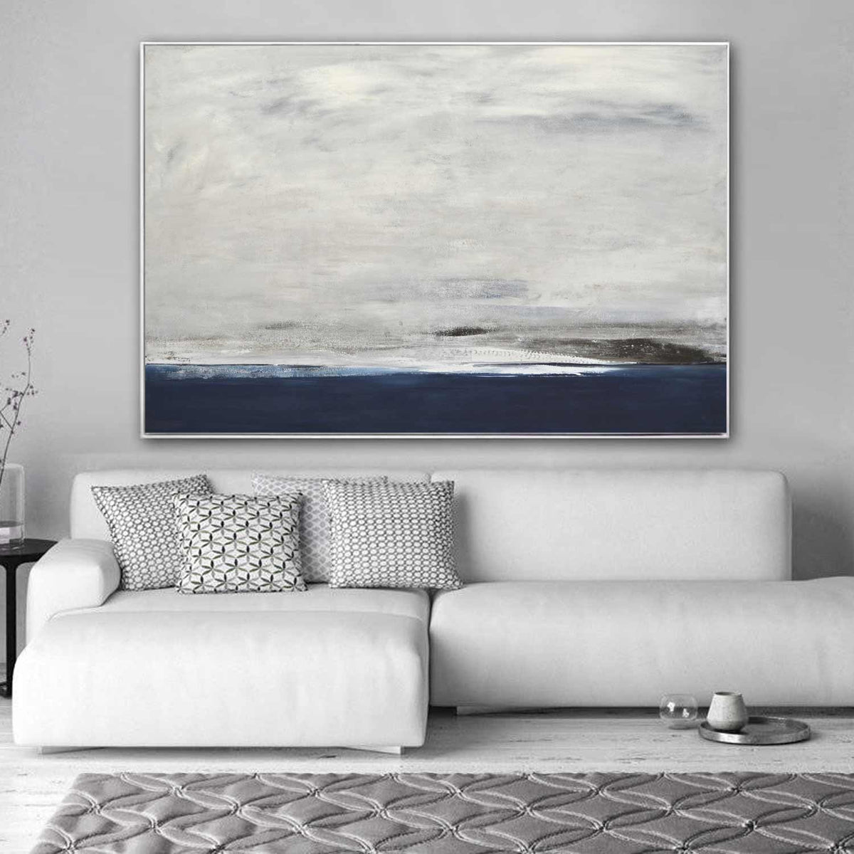 Landscape Horizontal Blue Brown Minimalist Painting above couch