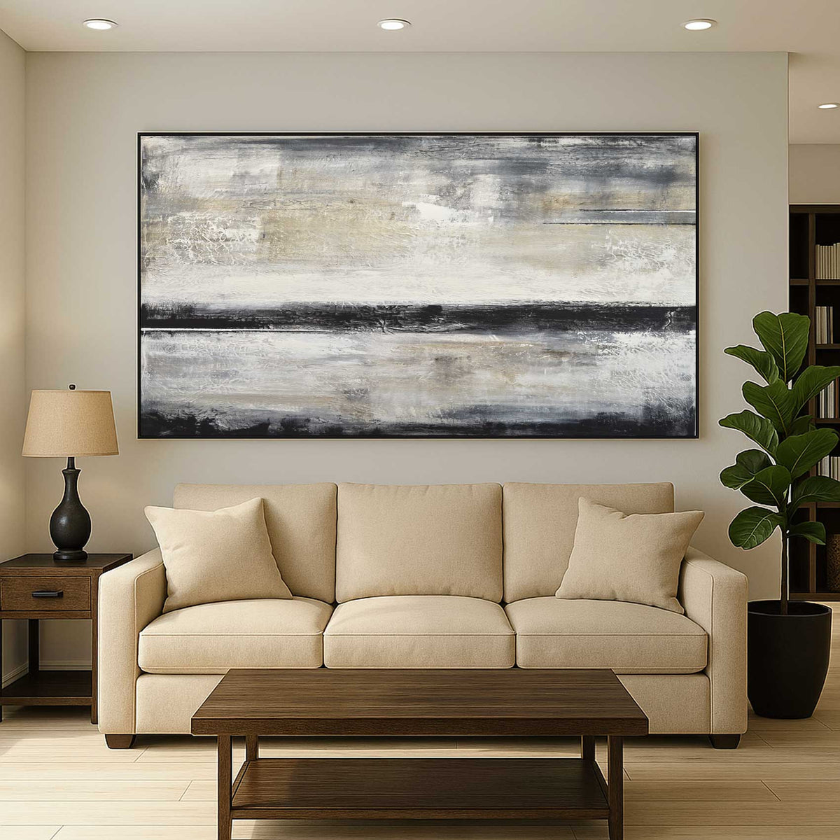 Beige Black Abstract Artwork living room wide Painting Contemporary Oil