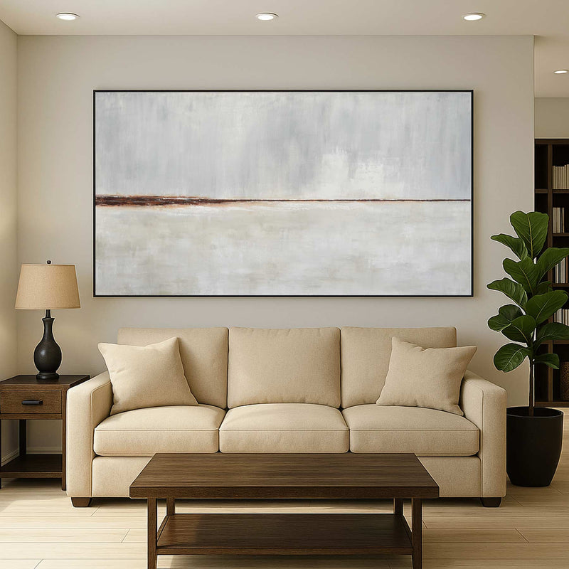 Wide Landscape Painting Beige Art Above couch Framed Modern Canvas