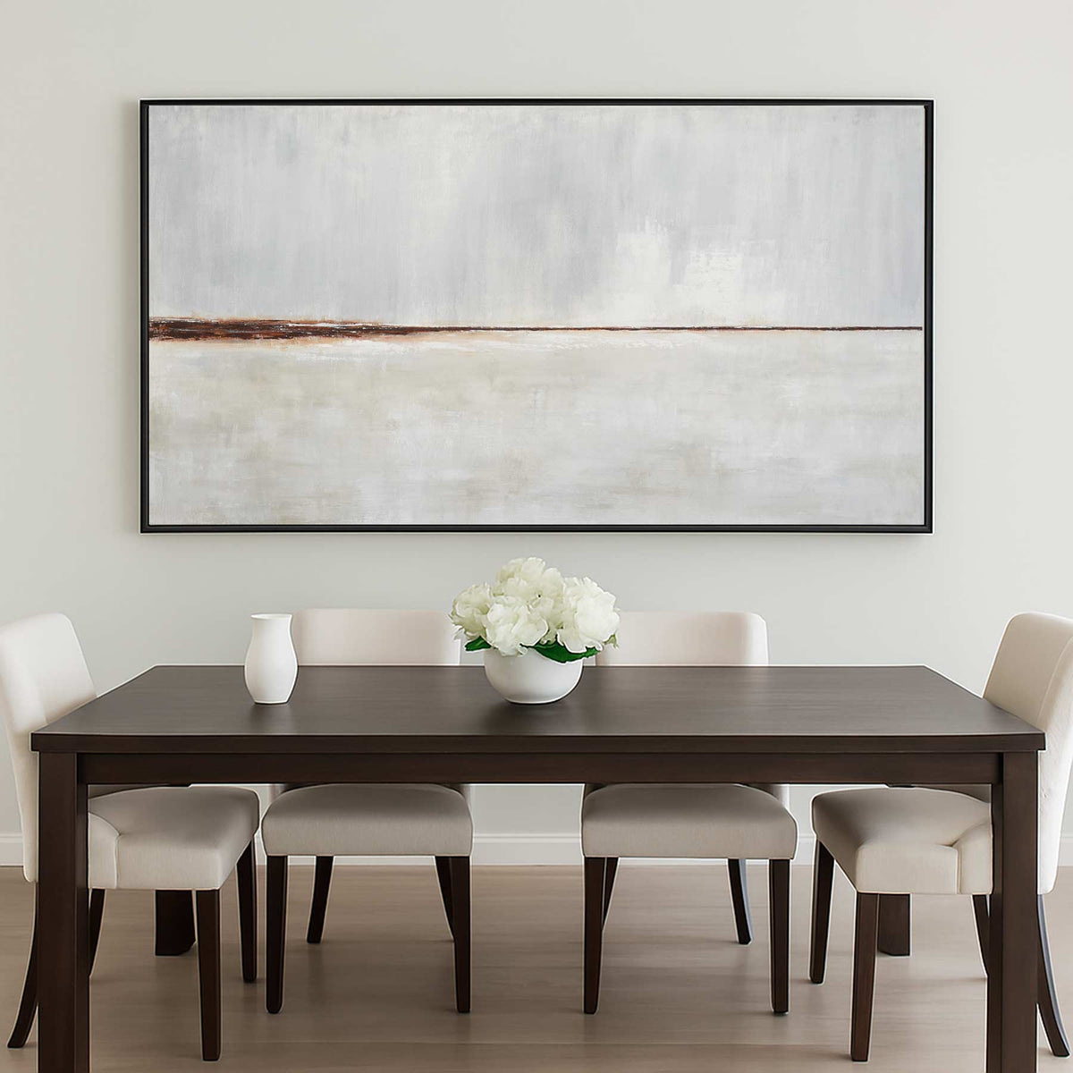 Wide Landscape Painting Beige Art Above diner table Framed Modern Canvas
